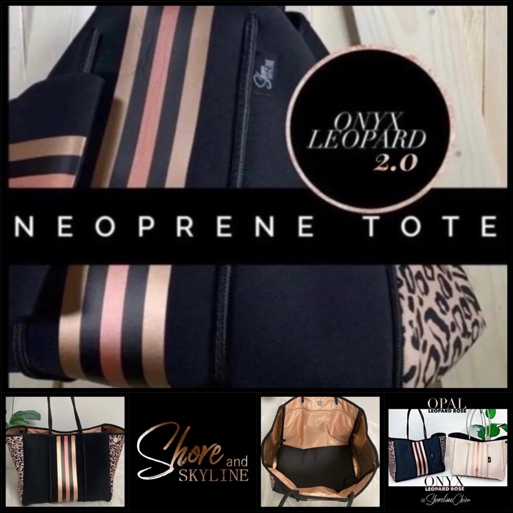 Neoprene Tote Onyx Leopard 2.0 metallic rose gold stripes blush interior lining